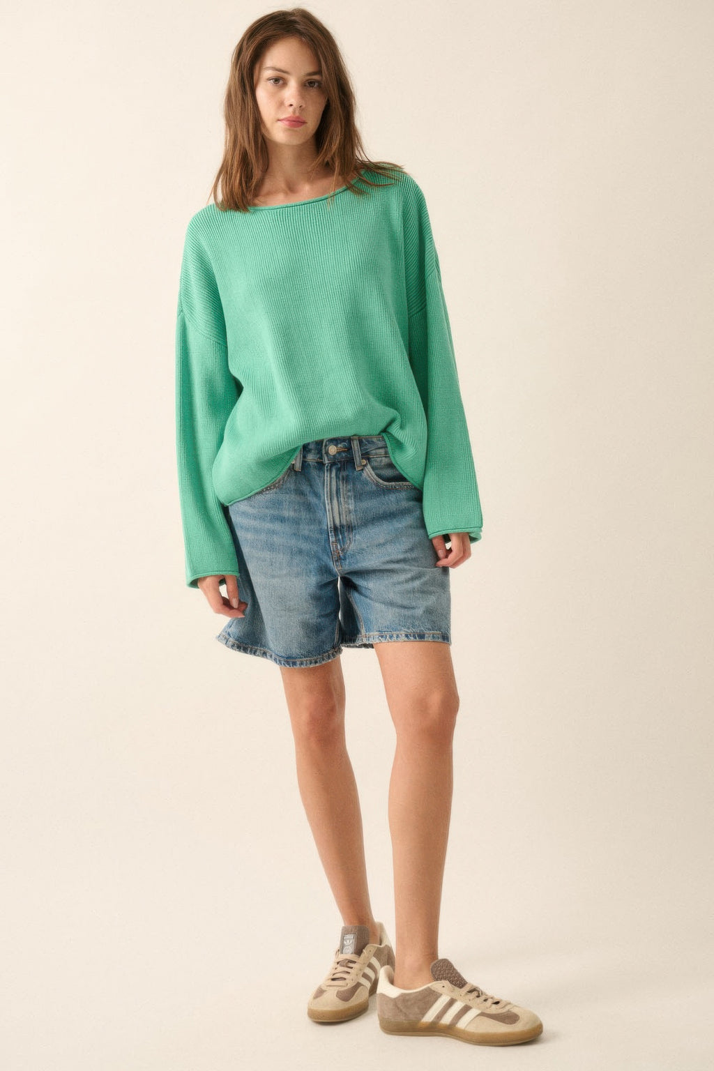 Pine Green Rib-Knit Oversized Sweater -