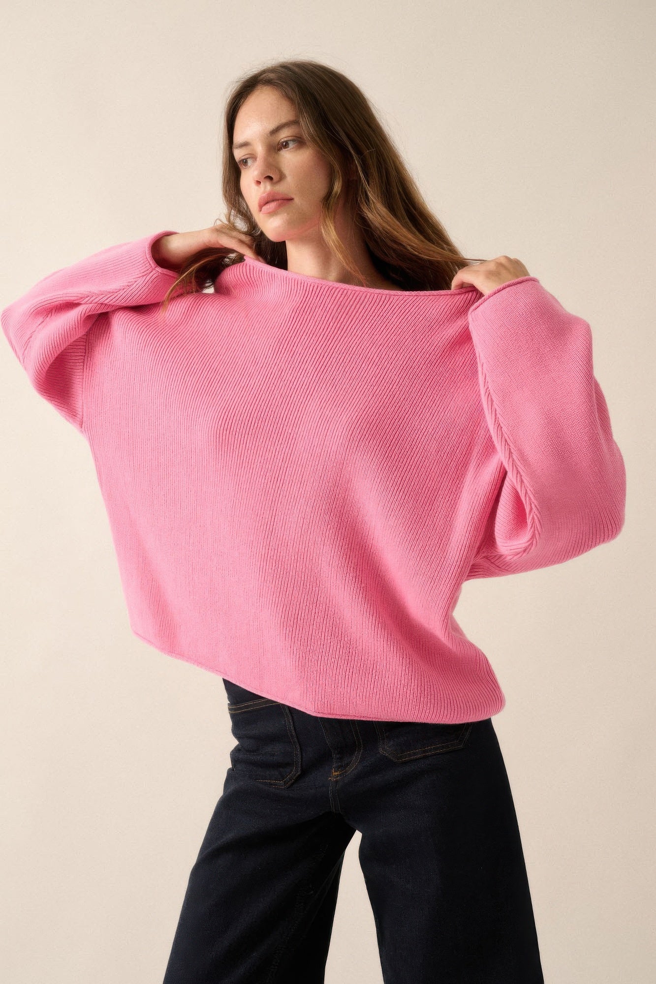 Pink Rib-Knit Oversized Sweater -