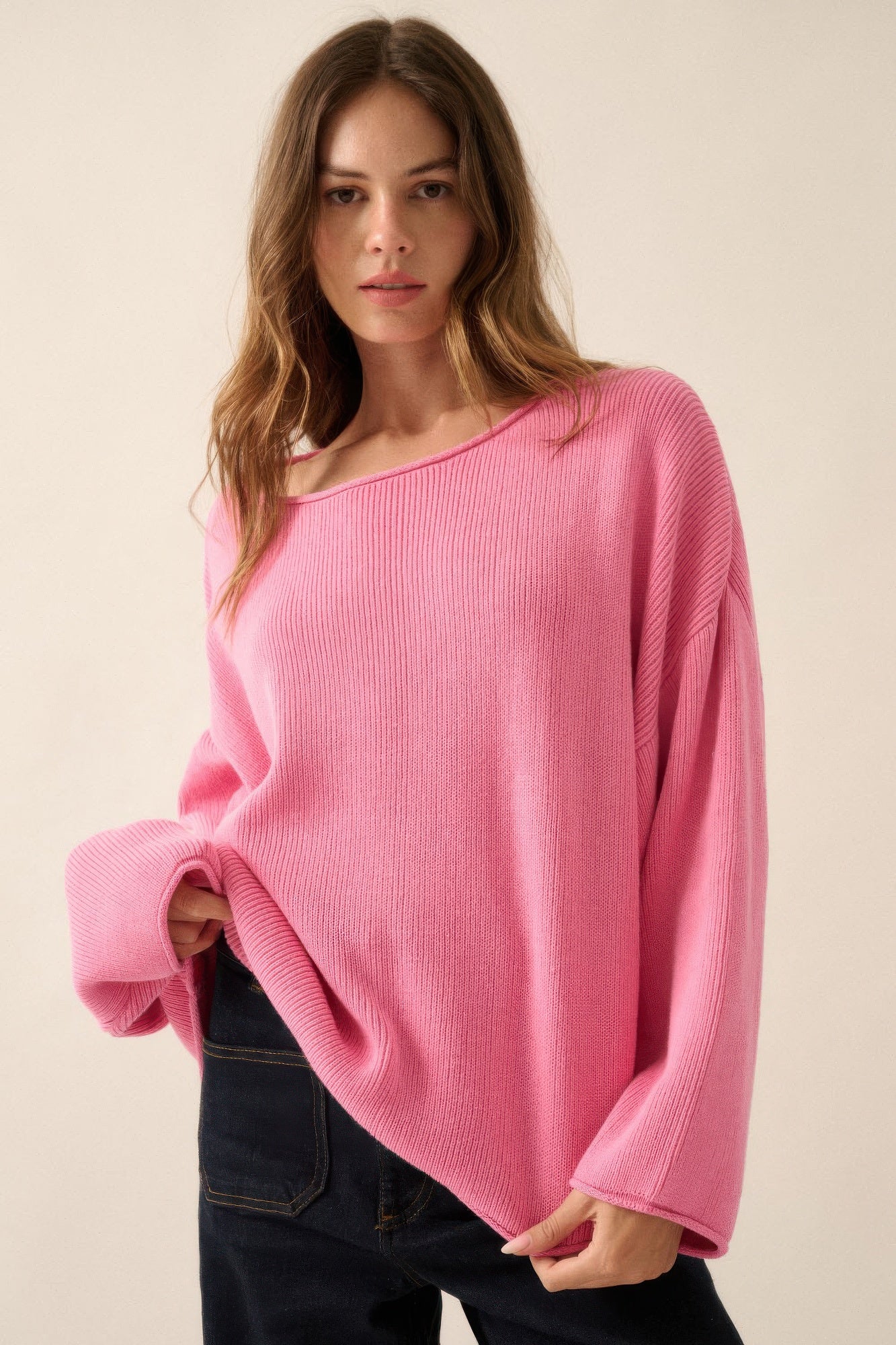 Pink Rib-Knit Oversized Sweater - L Main image