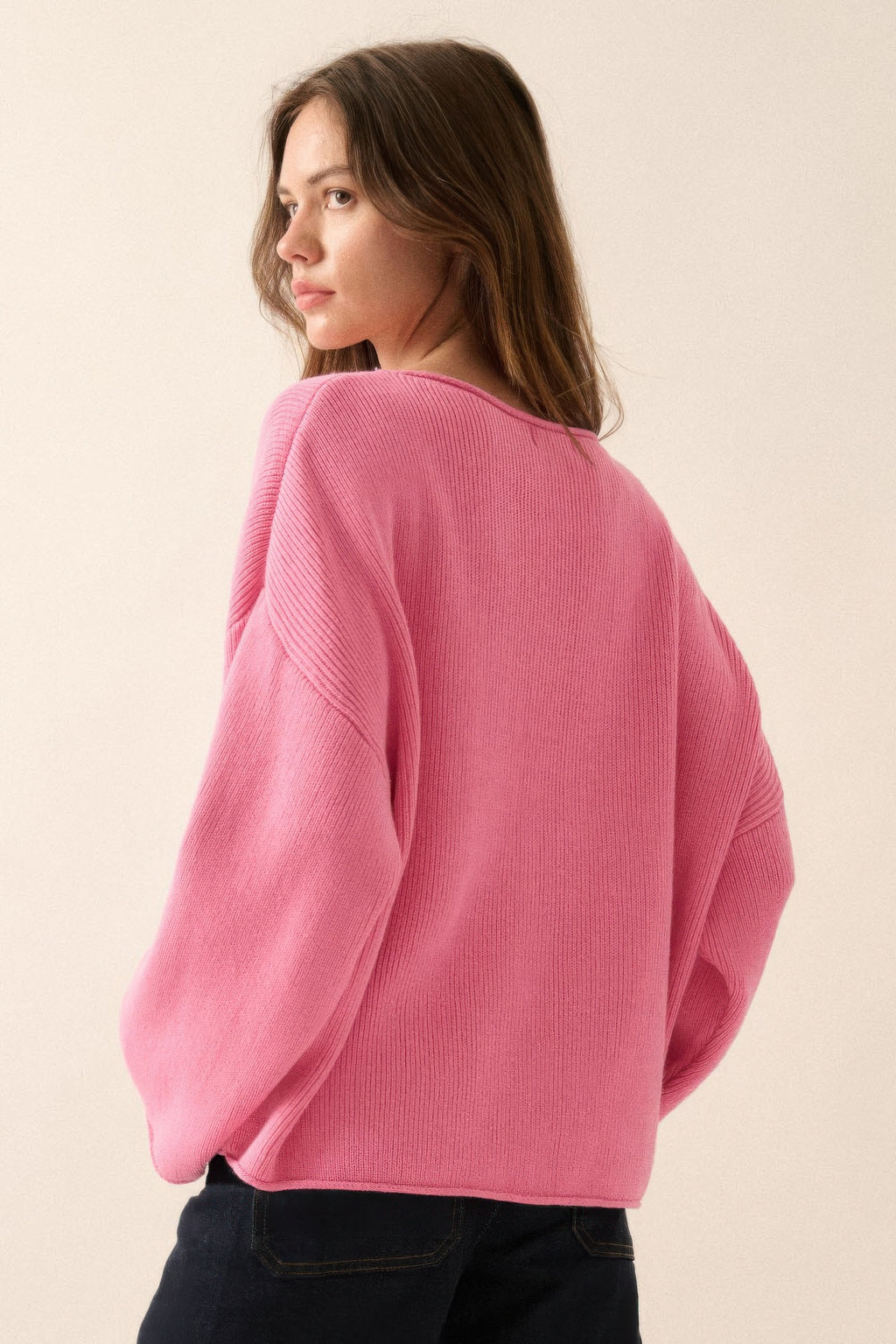 Pink Rib-Knit Oversized Sweater -
