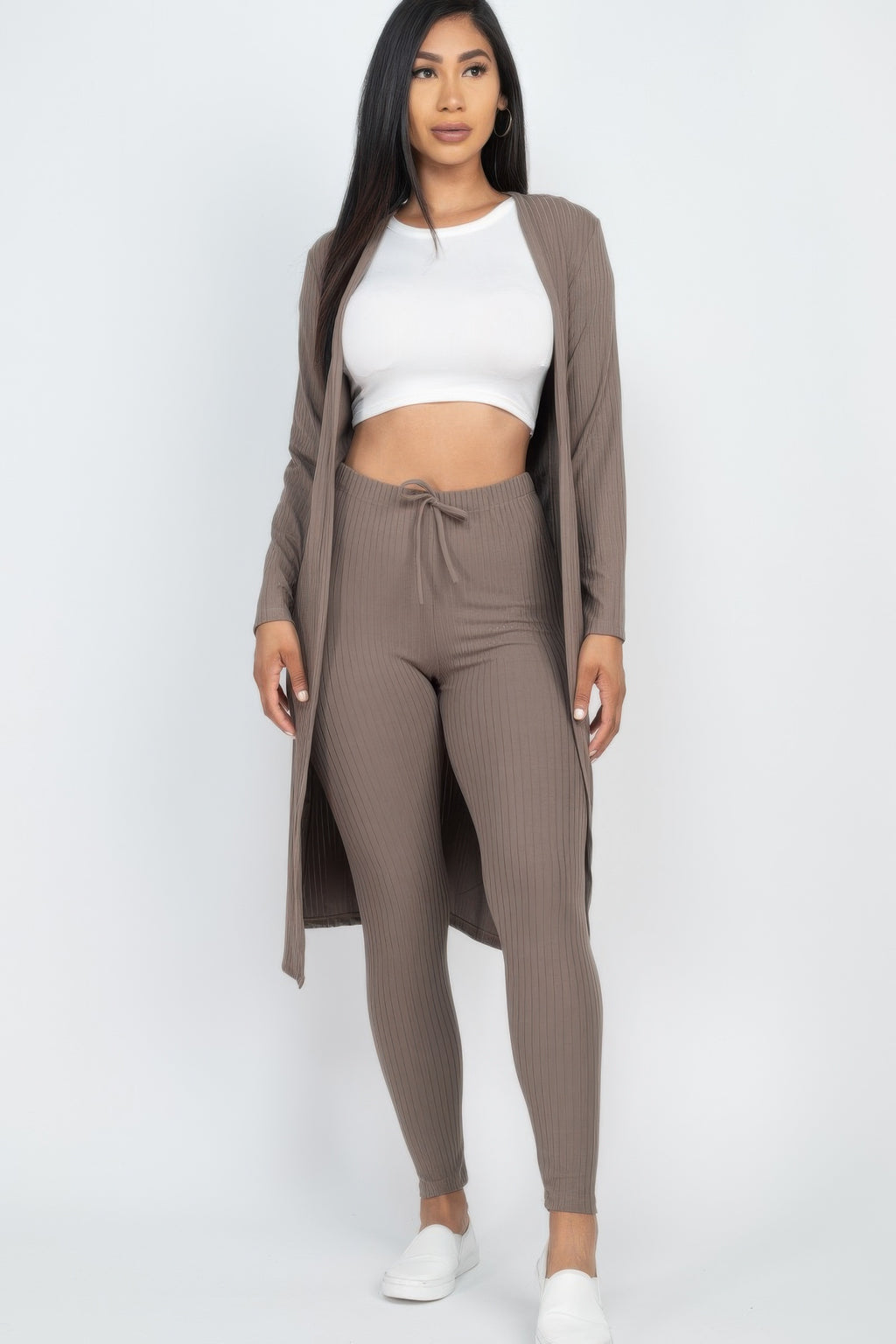 Ribbed Cardigan and Leggings Set - Taupe