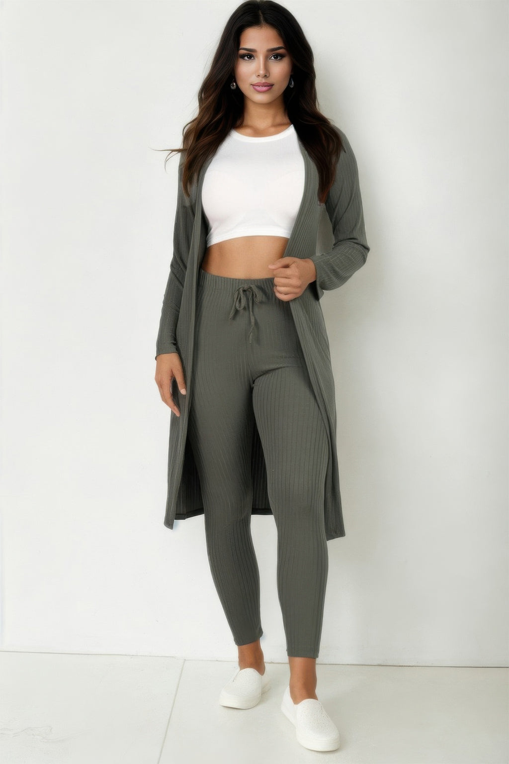 Ribbed Cardigan and Leggings Set - Olive