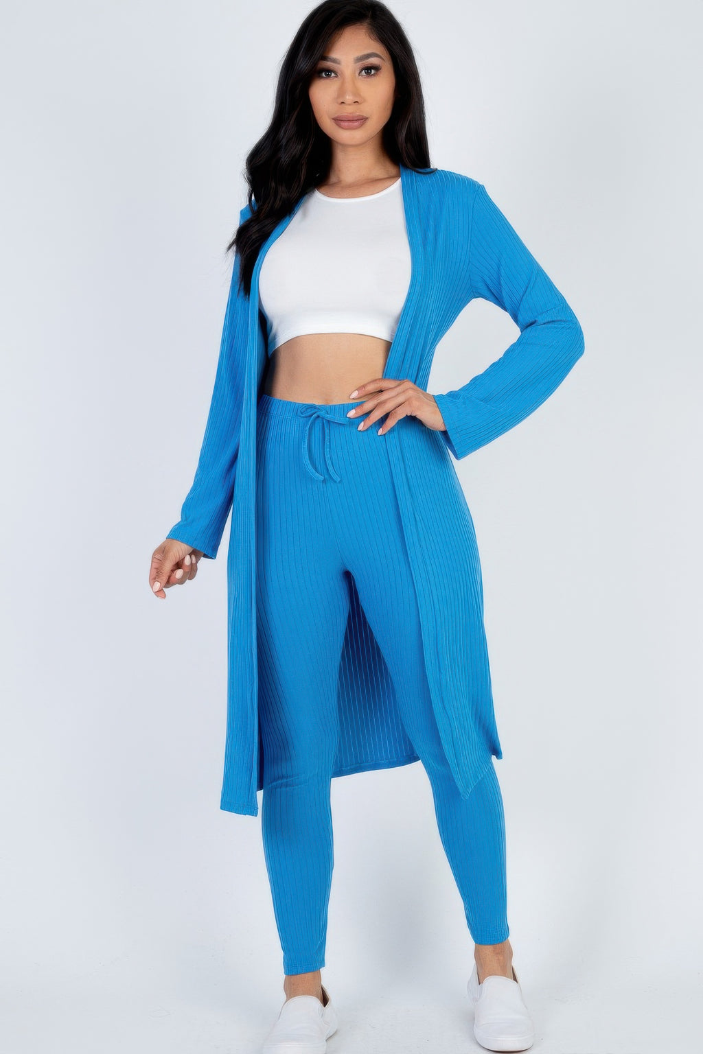 Ribbed Cardigan and Leggings Set - Ibiza Blue