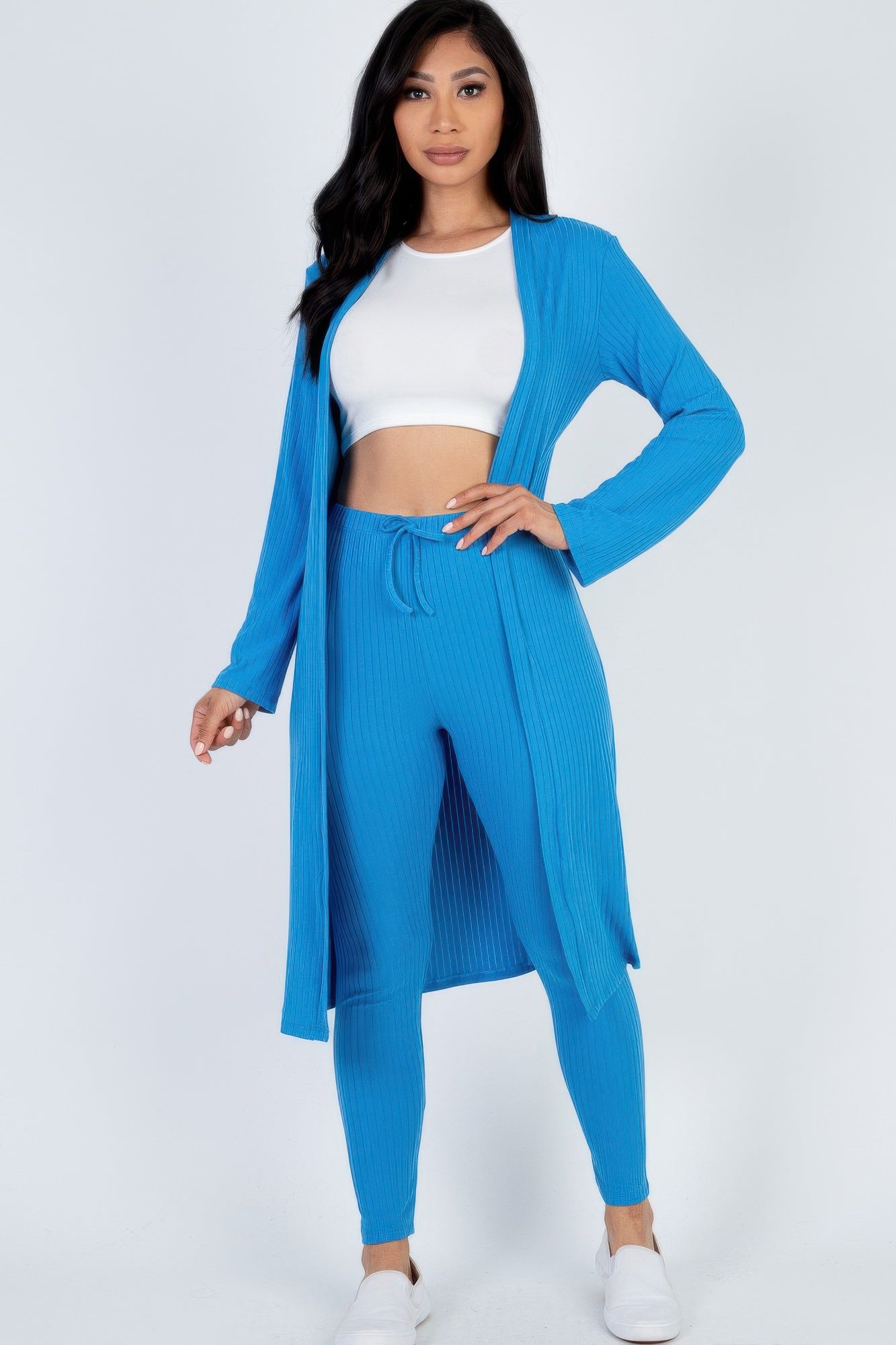 Ribbed Cardigan and Leggings Set - Ibiza Blue