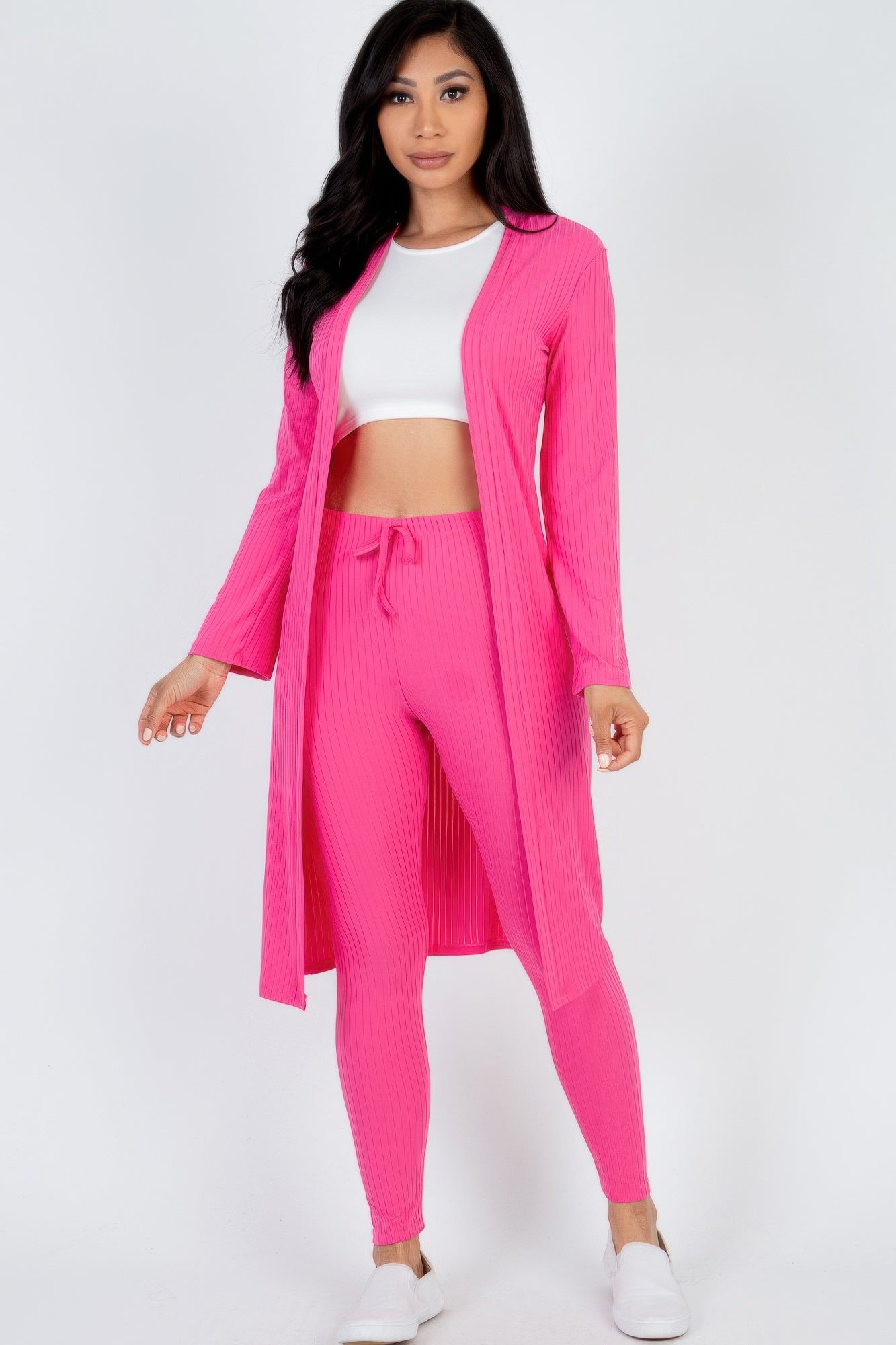 Ribbed Cardigan and Leggings Set - Berry