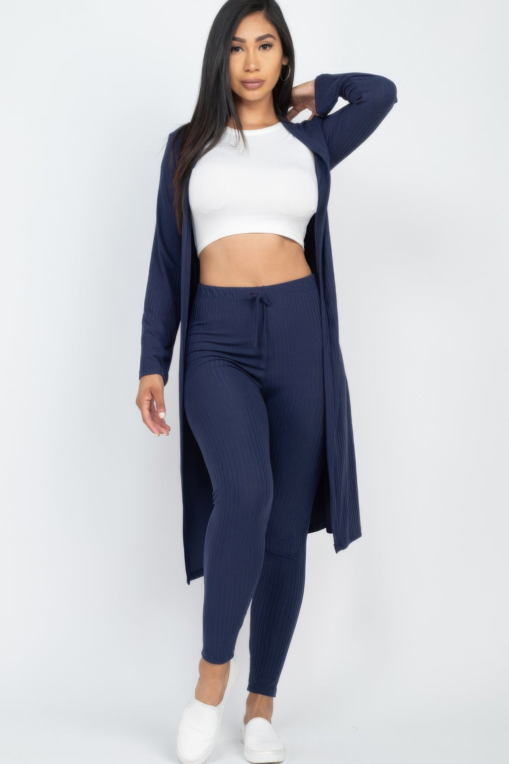 Ribbed Cardigan and Leggings Set - Navy