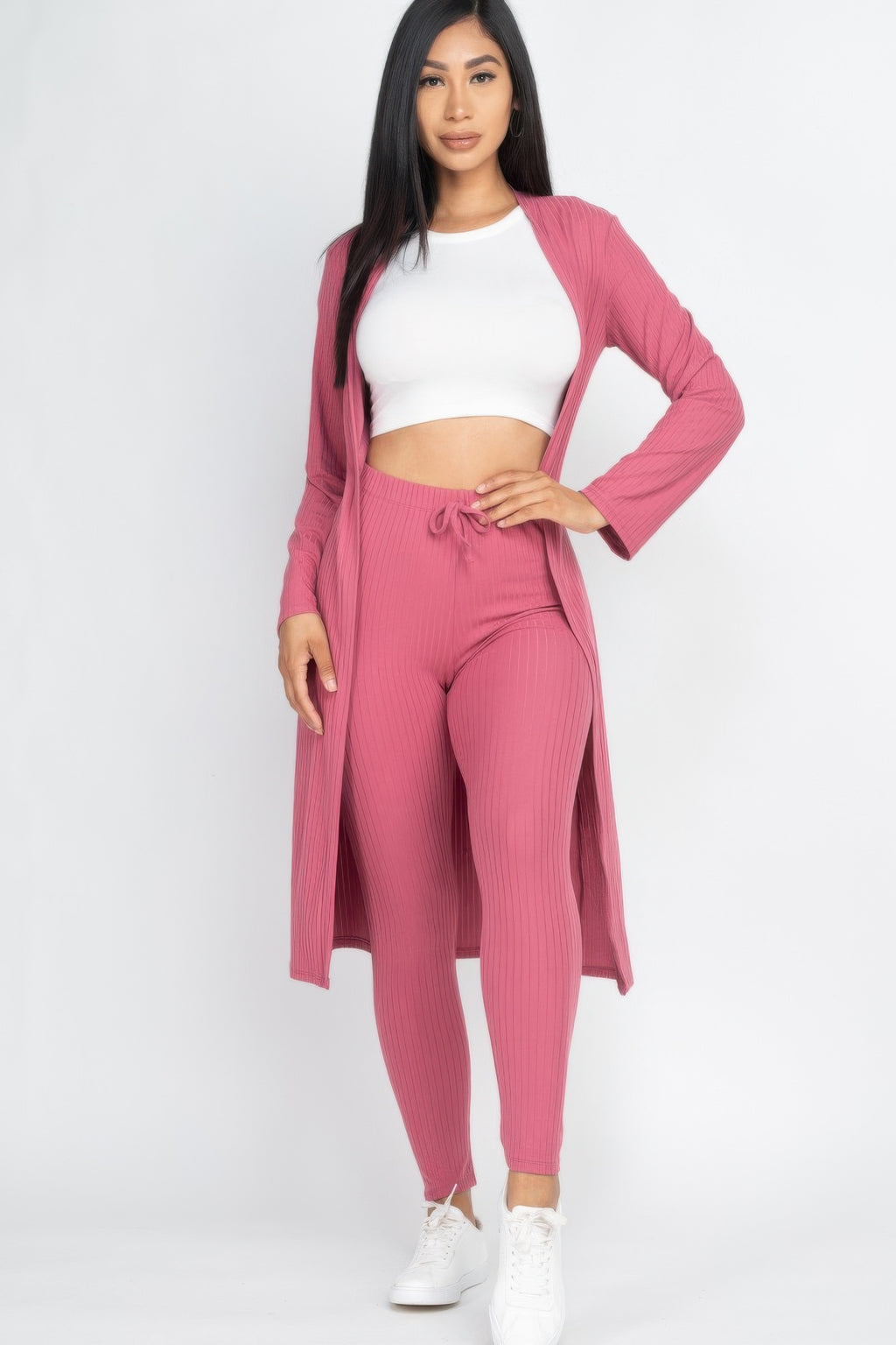 Ribbed Cardigan and Leggings Set - Dark Mauve
