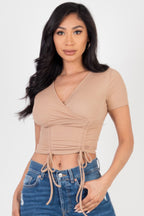 Ribbed Ruched Drawstring Top - Latte