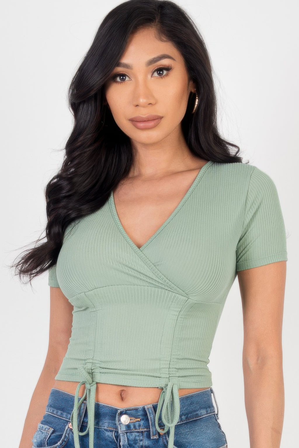 Ribbed Ruched Drawstring Top - Green bay