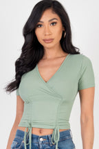 Ribbed Ruched Drawstring Top - Green bay