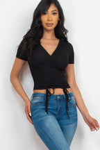 Ribbed Ruched Drawstring Top - Black