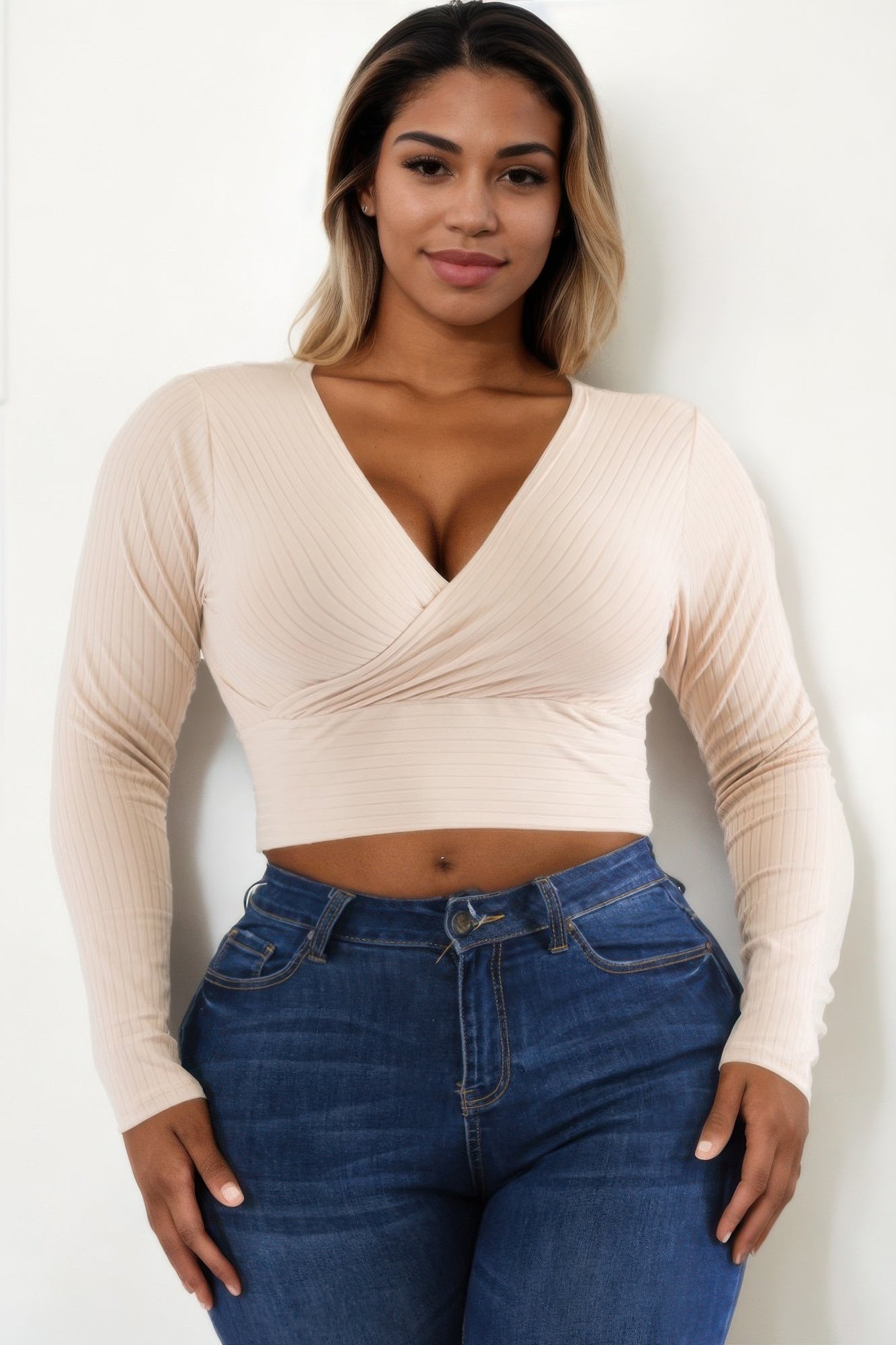 Ribbed Wrap Front Top - Khaki