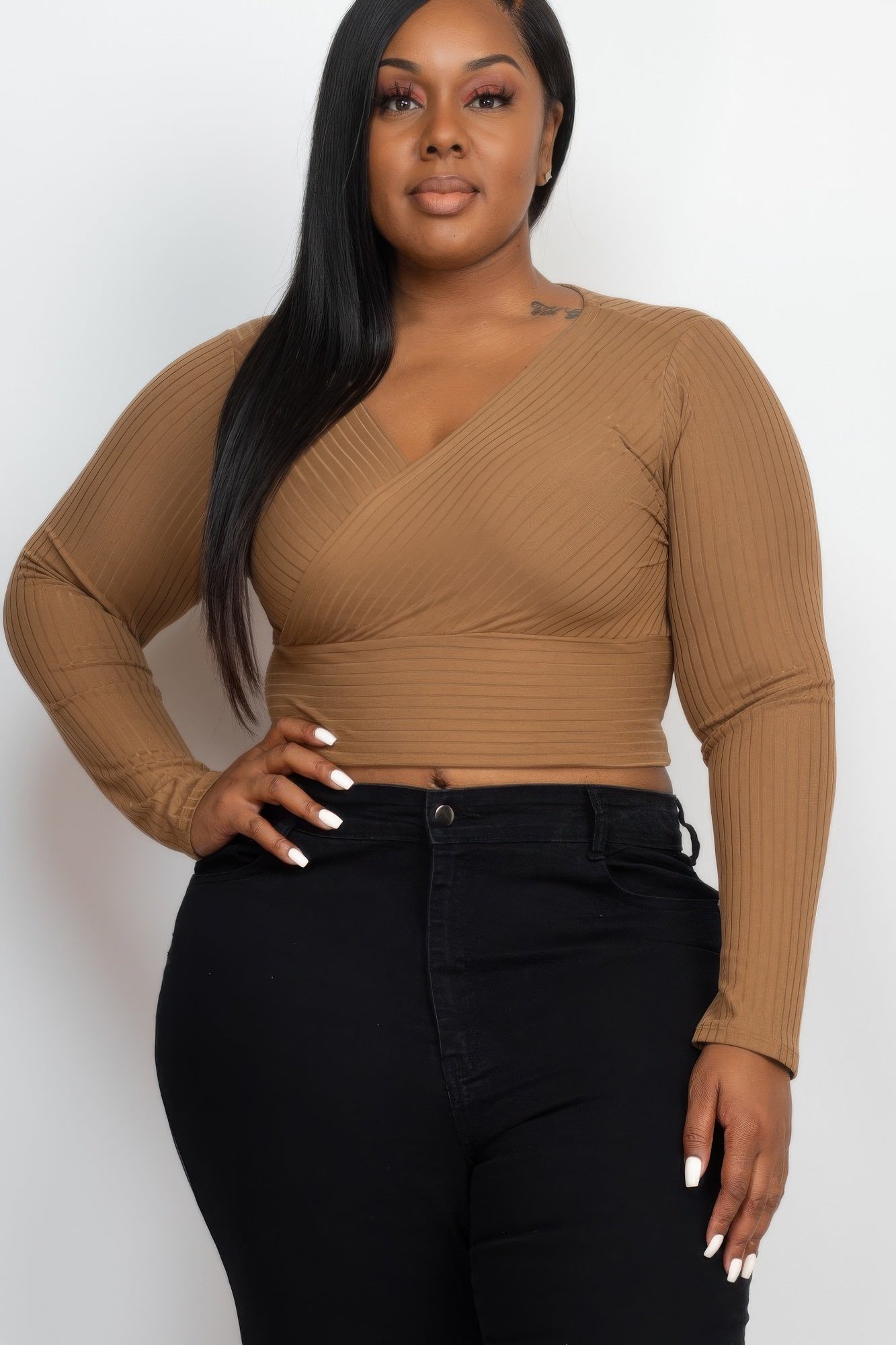 Ribbed Wrap Front Top - Mocha