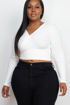 Ribbed Wrap Front Top - White