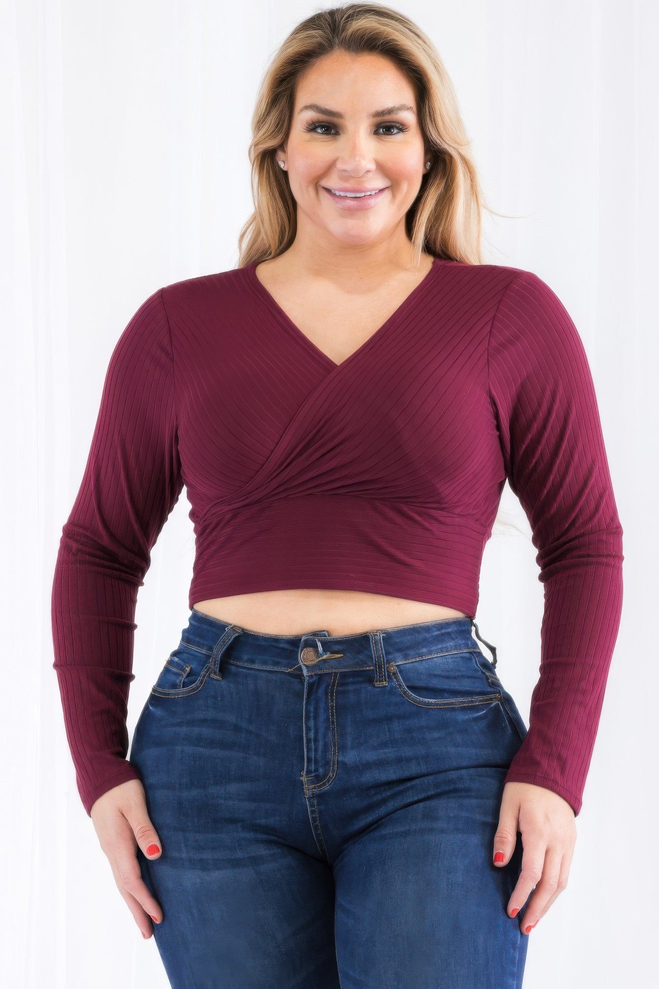 Ribbed Wrap Front Top - Burgundy