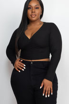 Ribbed Wrap Front Top - Black