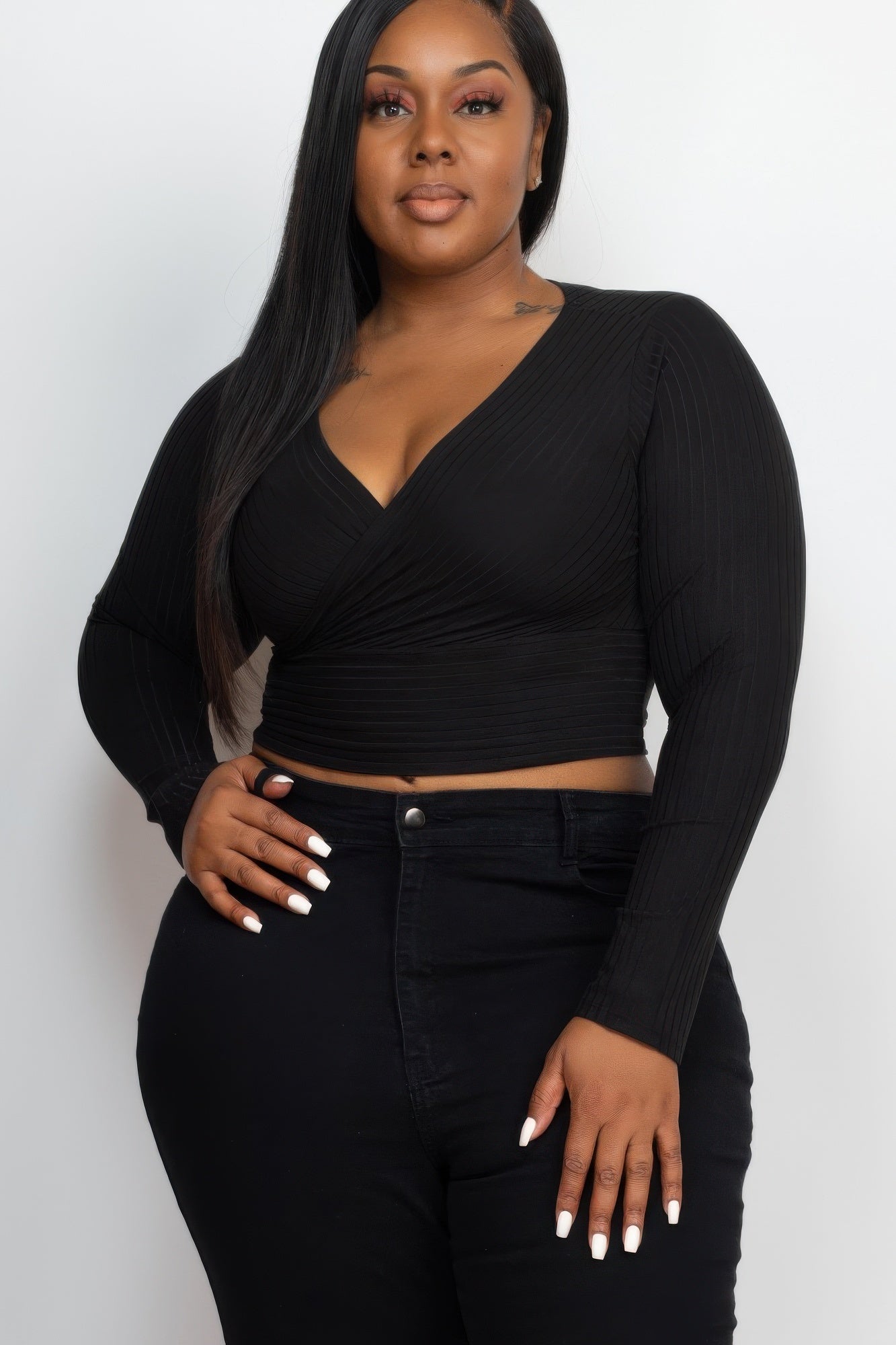 Ribbed Wrap Front Top - Black