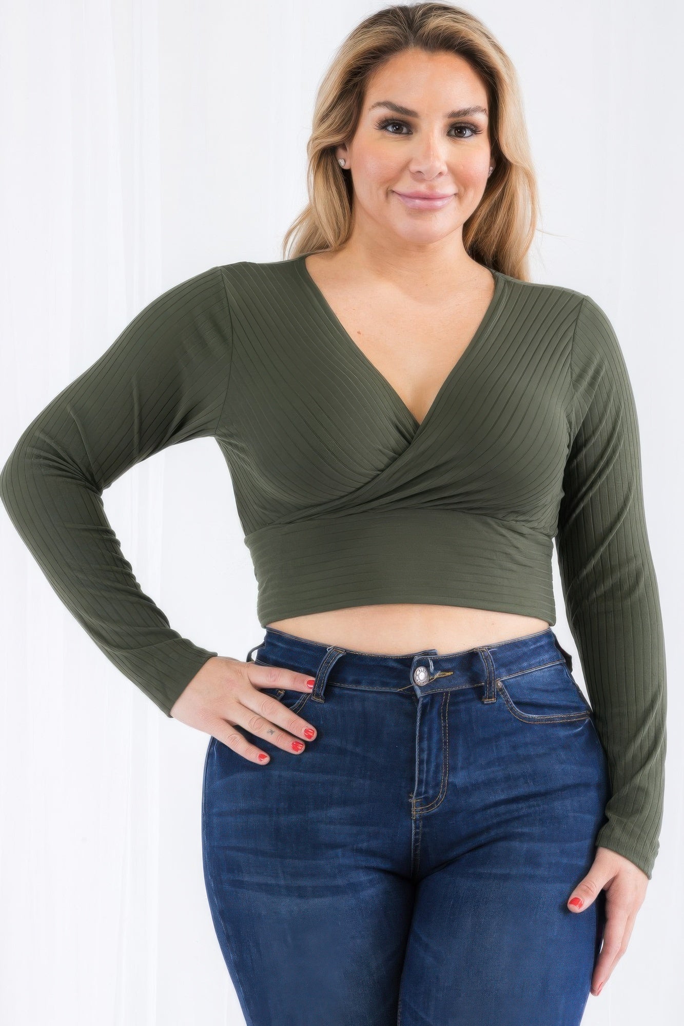 Ribbed Wrap Front Top - Olive