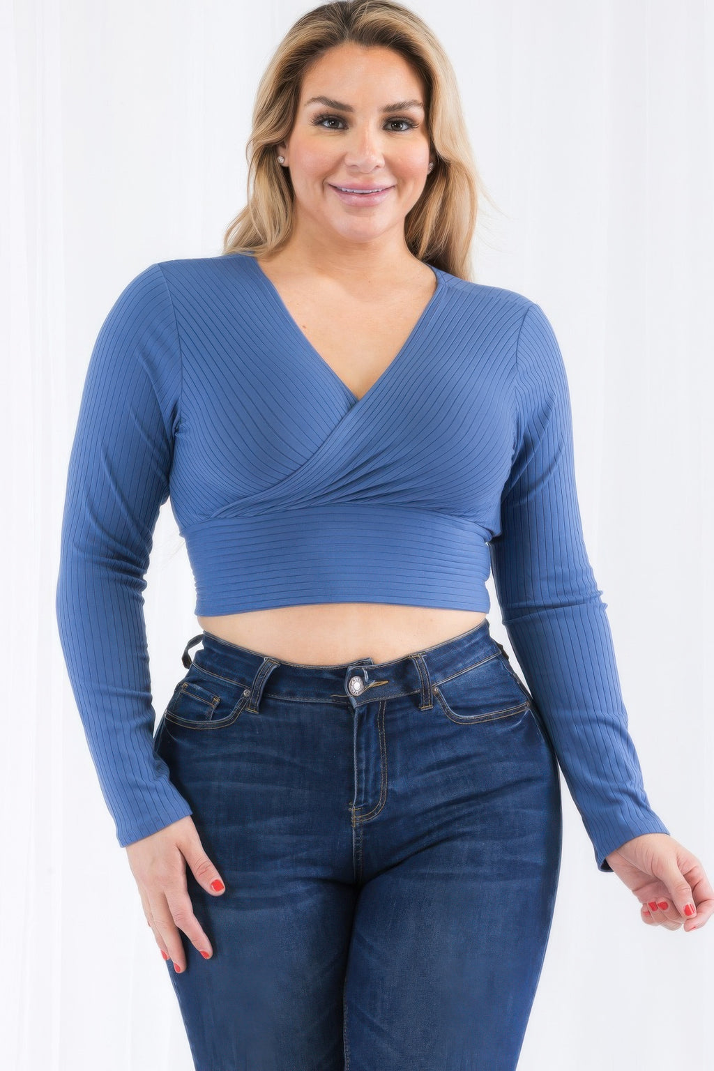 Ribbed Wrap Front Top - Blue haze