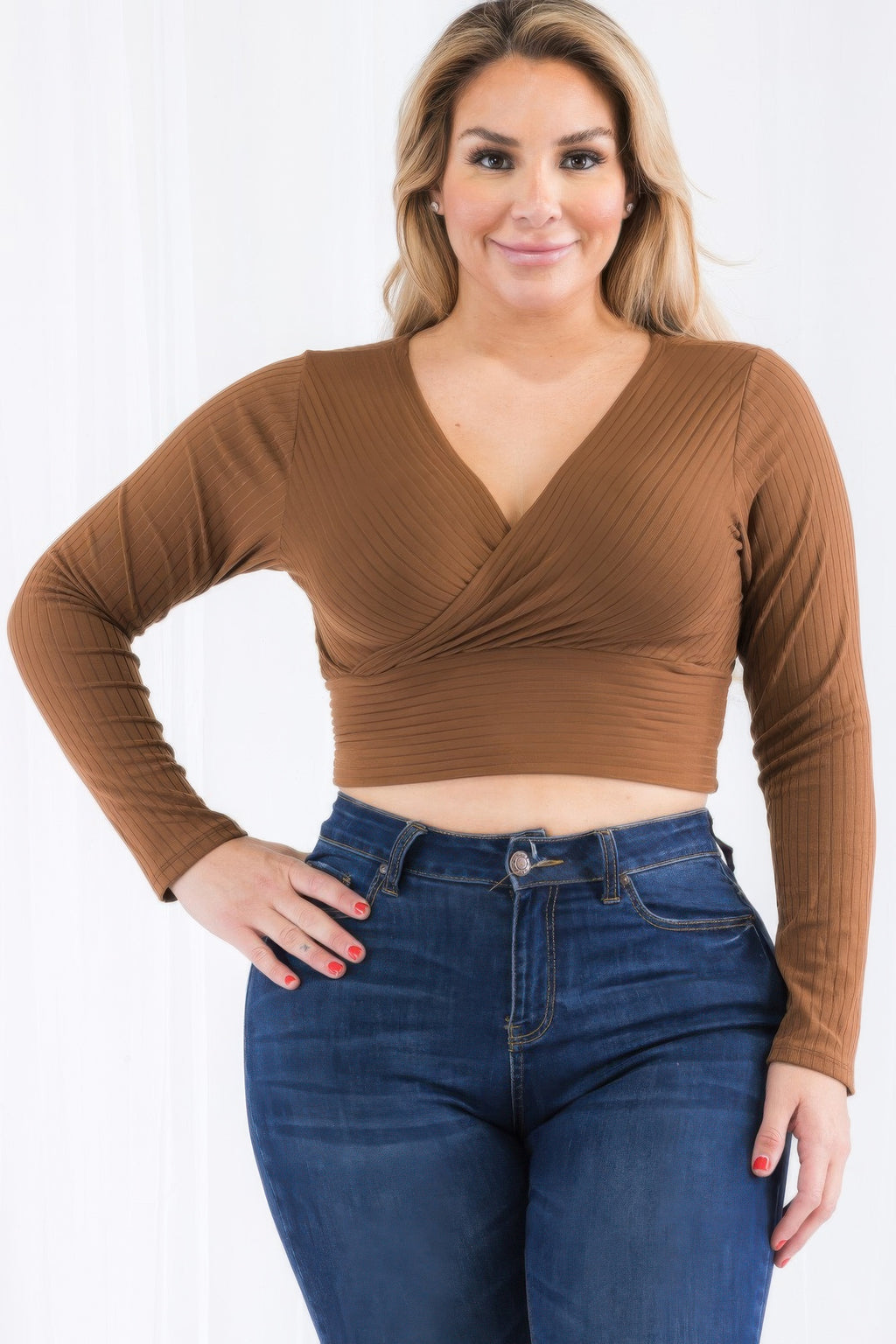 Ribbed Wrap Front Top - Downtown brown