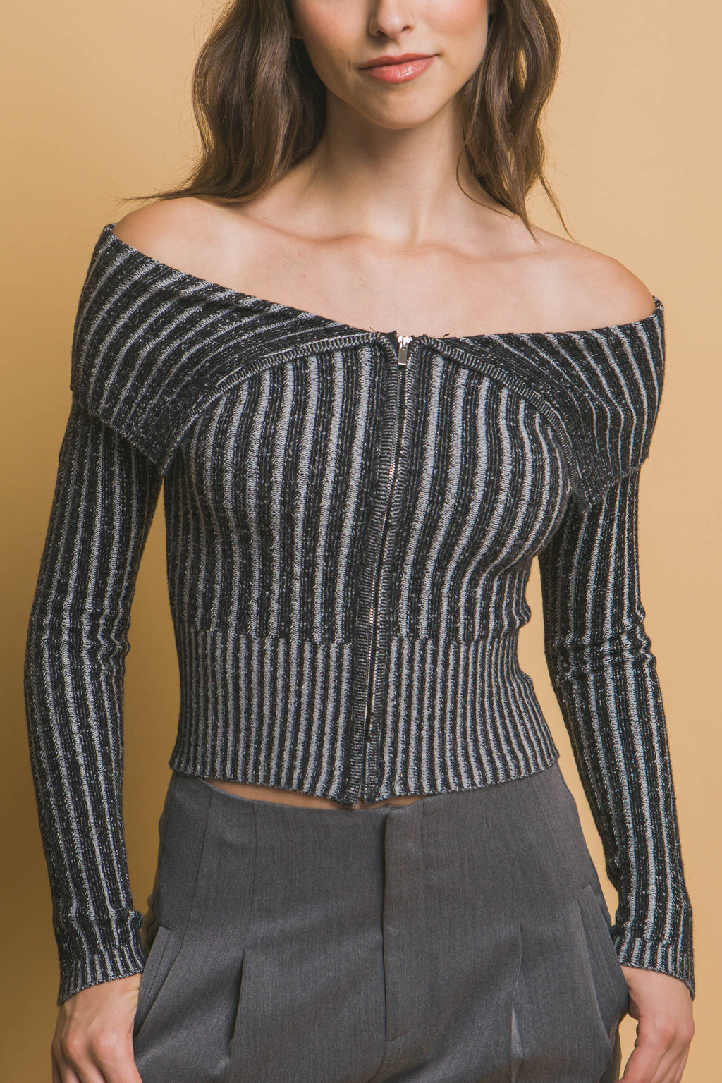 Ribbed Zip Bardot Knit Shirt -