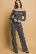 Ribbed Zip Bardot Knit Shirt -