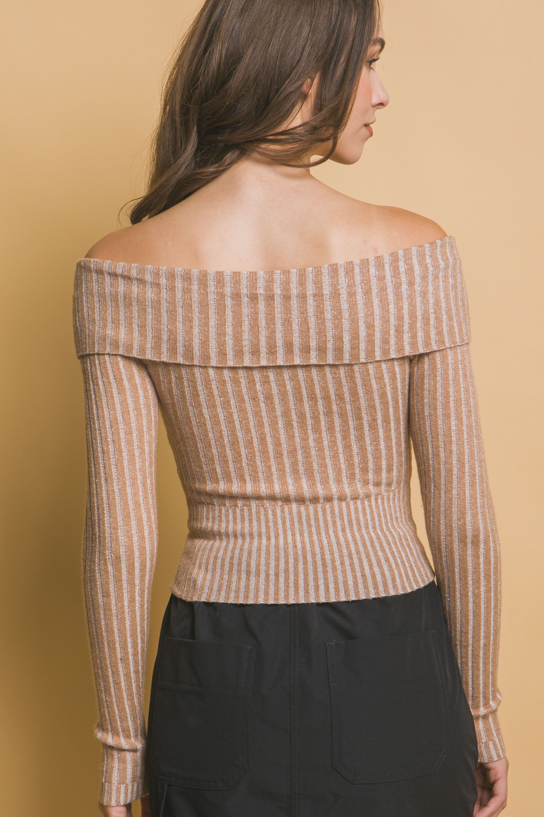 Ribbed Zip Bardot Knit Shirt -