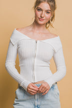 Ribbed Zip Bardot Knit Shirt -