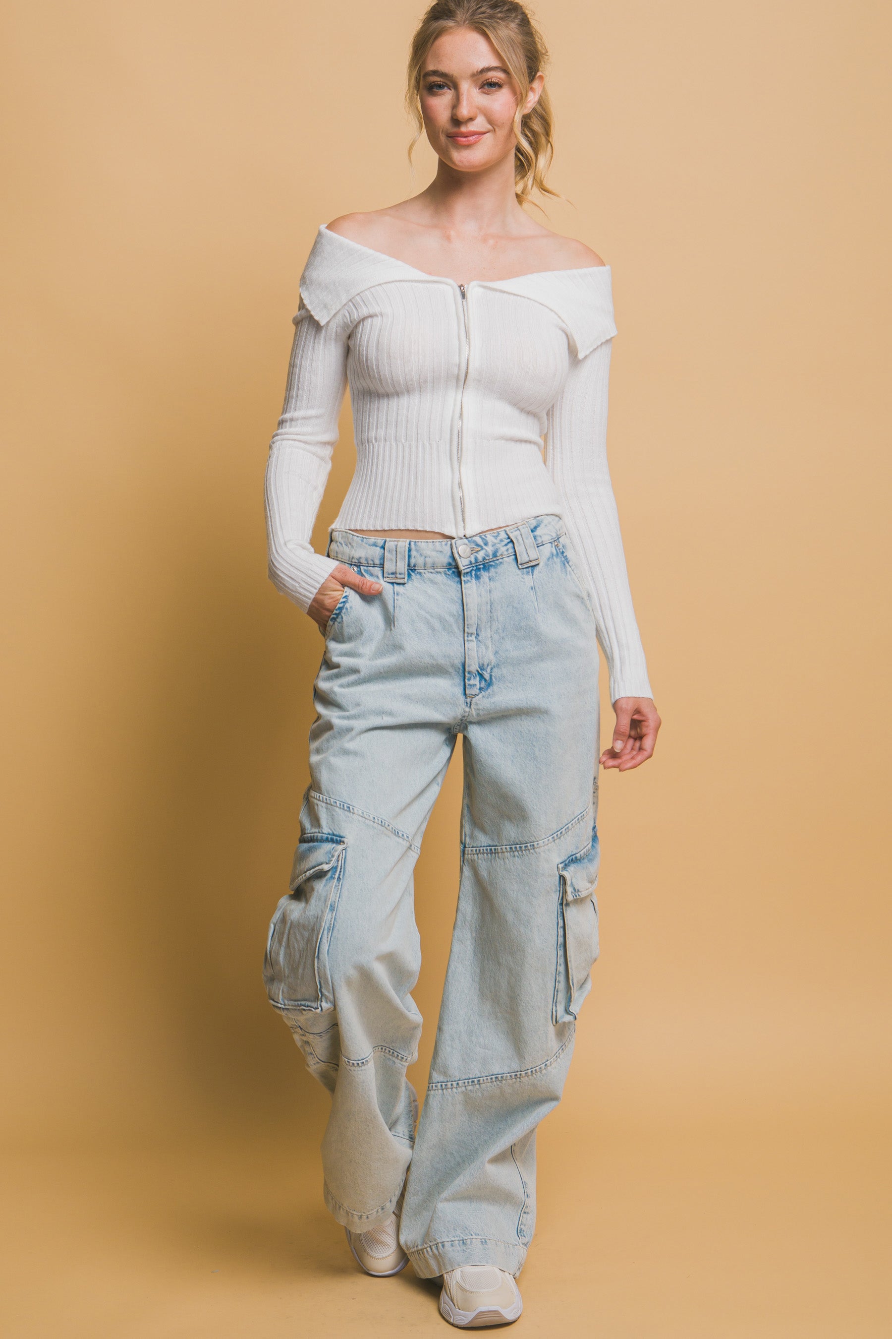 Ribbed Zip Bardot Knit Shirt -