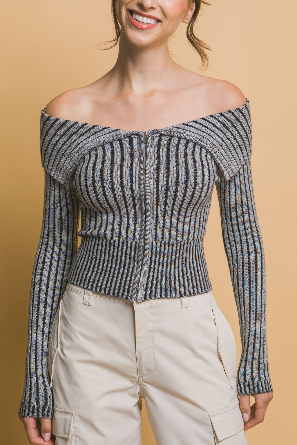 Ribbed Zip Bardot Knit Shirt -
