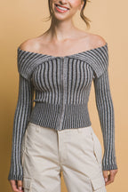 Ribbed Zip Bardot Knit Shirt -
