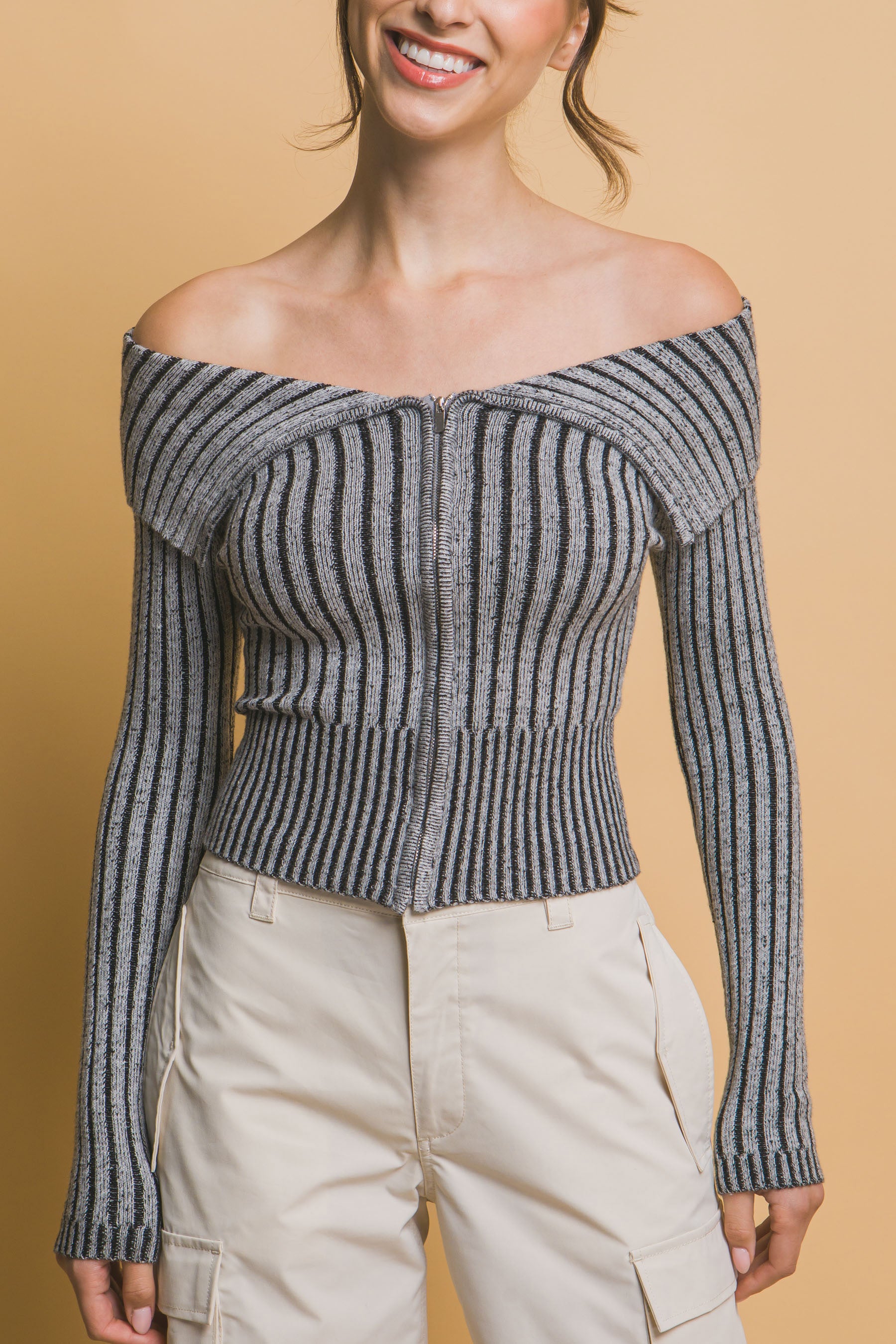 Ribbed Zip Bardot Knit Shirt -