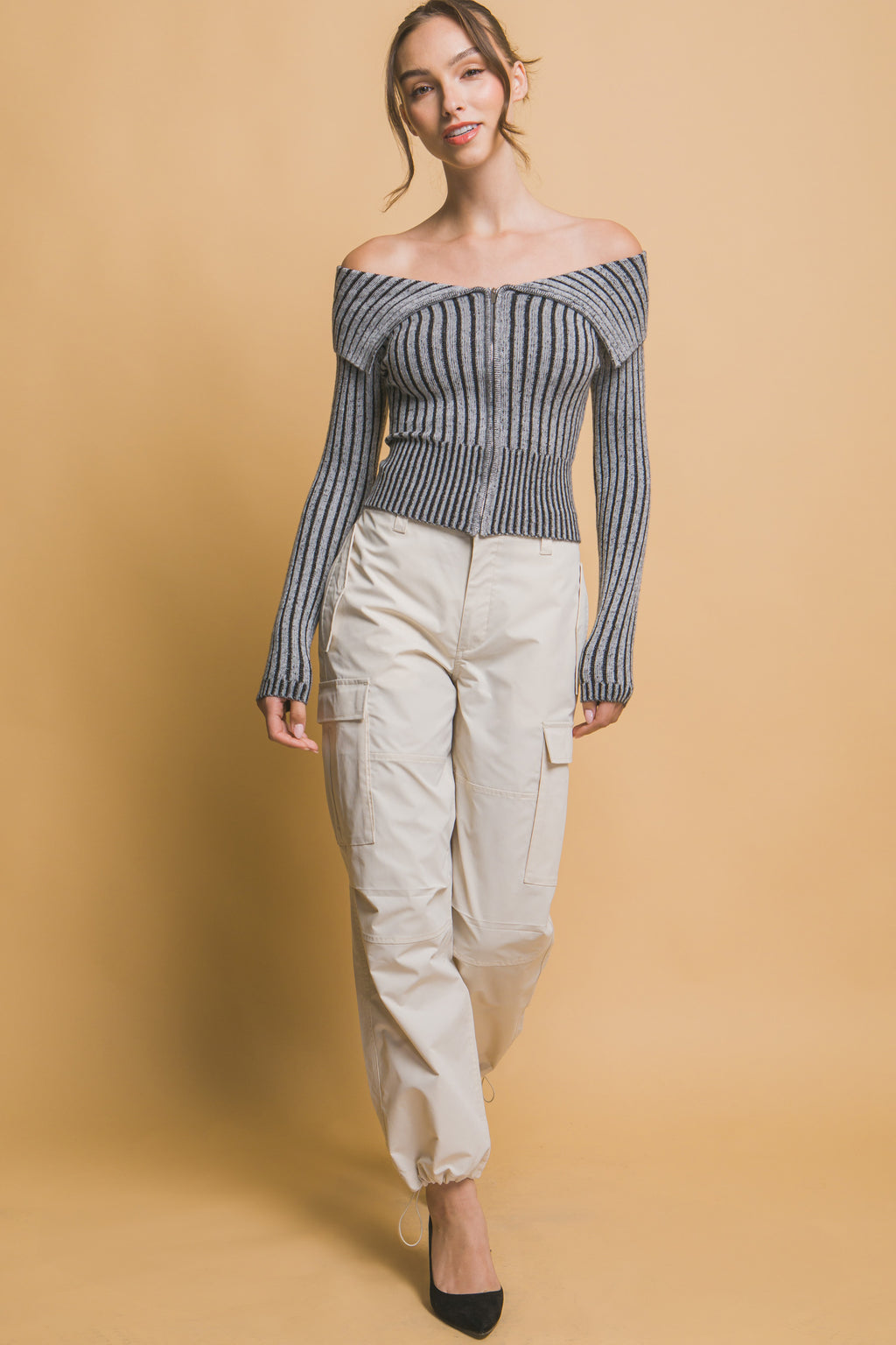 Ribbed Zip Bardot Knit Shirt -