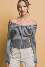 Ribbed Zip Bardot Knit Shirt - Grey