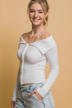 Ribbed Zip Bardot Knit Shirt -