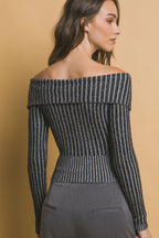 Ribbed Zip Bardot Knit Shirt -
