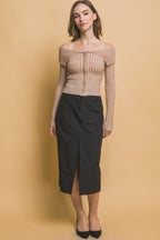 Ribbed Zip Bardot Knit Shirt -