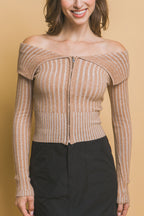 Ribbed Zip Bardot Knit Shirt -