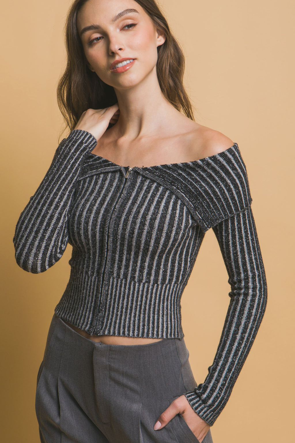 Ribbed Zip Bardot Knit Shirt -