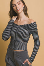Ribbed Zip Bardot Knit Shirt -