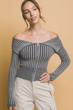 Ribbed Zip Bardot Knit Shirt -