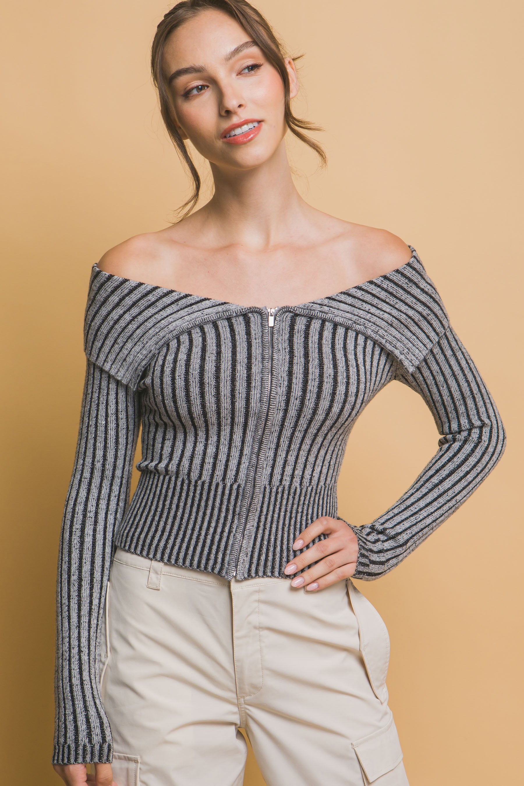 Ribbed Zip Bardot Knit Shirt -