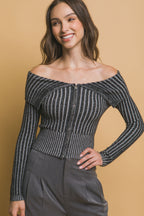 Ribbed Zip Bardot Knit Shirt -
