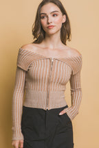 Ribbed Zip Bardot Knit Shirt - Khaki