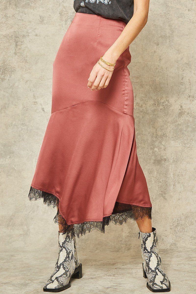 Rose Satin Lace Midi Skirt -
