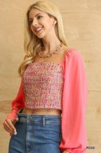 Rose Tweed Chiffon Puff Sleeve Blouse -