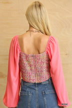 Rose Tweed Chiffon Puff Sleeve Blouse -