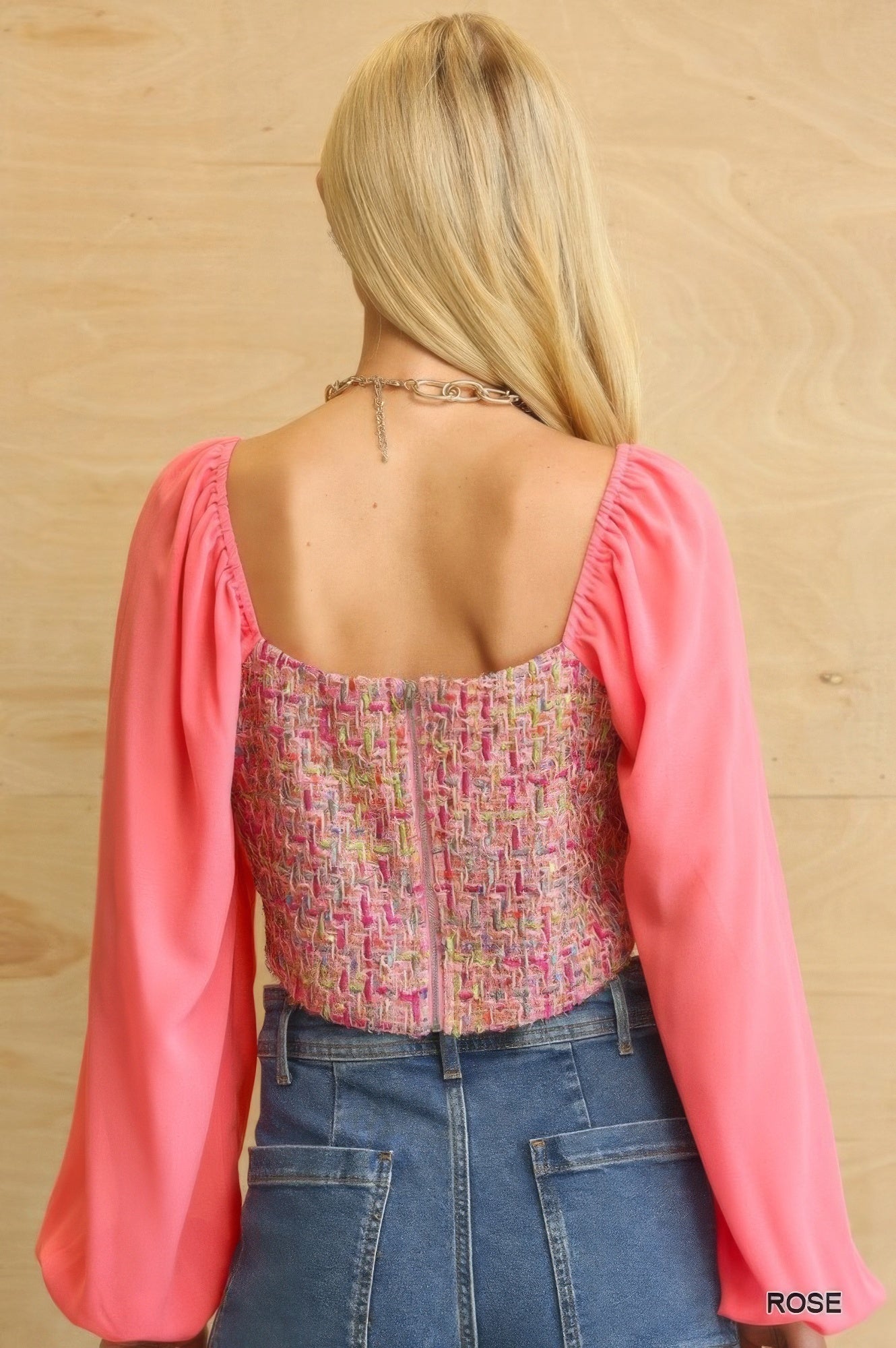 Rose Tweed Chiffon Puff Sleeve Blouse -