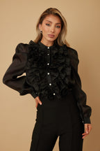 Ruffle Micro Crystal Long Sleeve Blouse -