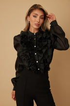 Ruffle Micro Crystal Long Sleeve Blouse -